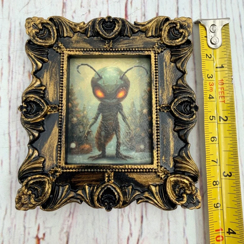 Handmade Alien Creature Ornate Gold Resin Frame Decoupage Art Print 3.75in